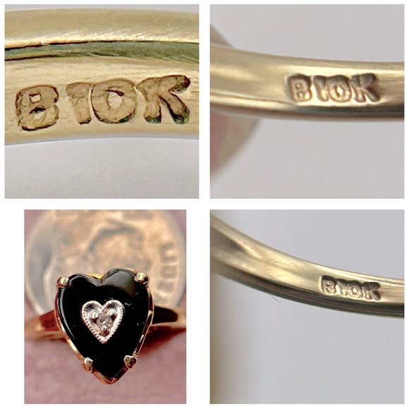 1980s estate Sz7.25 10kt solid YG/WG HEART ONYX & .01ct DIAMOND heart ring EUC - Picture 8 of 16